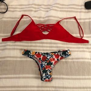 Zaful Red Criss Cross Bikini Top w/ Floral Bottoms